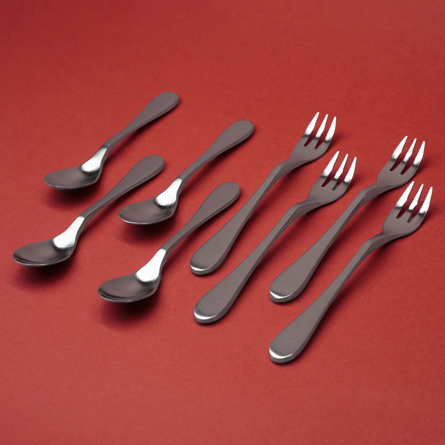 8 Piece Miniature Fork & Spoon Set - Matte Silver